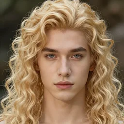 realistic detailed face portrait of merman blond androgynous prince Lucius, long fluffy curly blond hair, very very very very curly light blond hair, by Alphonse Mucha, Ayami Kojima, Amano, Charlie Bowater, Karol Bak, Greg Hildebrandt, Jean Delville, and Mark Brooks, Art Nouveau, Neo-Gothic, gothic, rich scintillating bright white gold colors