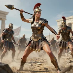 spartan woman fighting Athenians in a battlefield, award winning, trending on artstation, unreal engine