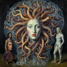 a surreal painting titled'the parametric decisions of a fishes strange life made by soft thick flesh and burning wooden stick constructions - the clock of medusa'by salvador dali and max ernst and picasso, dramatic lighting, organic, hyperdetailed, vibrant, intricate fractal strands of gossamer quantum soup