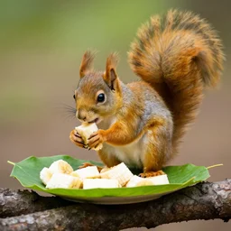 yellow squirrel on a tree branch eating chopped bananas on a leafy plate, dslr, 4 k, telephoto, f 1. 8, shallow depth of field