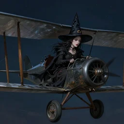 biplane at night piloted by a witch, medium shot, digital painting, highly detailed, sharp focus, beautiful face, by artgerm and greg rutkowski