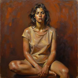 detailed full body portrait in strong femininity, ethnic, realistic face sculpted features, statuesque model, plain untucked shirt, seated, tousled hair, warm cast, bathed in light, filmic, chiaroscuro, bas relief, specular highlights, angular impressionism, radiant, deep rich tones, fluorescent accents, contemporary art, oil on canvas