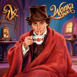 Johnny Depp is covered in a blanket and drinking tea in Willy Wonka's Chocolate Factory, Illustration, Colorful, by Fesbraa