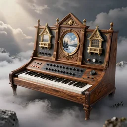 richly decorated Victorian modular synthesizer, modern, beautiful, detailed wood, photorealistic, photorealism, lightning, clouds, the winter light comes in through a porthole, volumetric fog