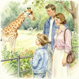 a young boy with his mom and dad at a zoo watercolor and pencil by norman rockwell