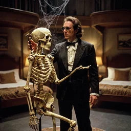 photoreal cinematography of photo ancient mummified skeleton with cobwebbs wearing a dyke richards costume from stanley kubrick's film the shining, inside the elstree studios soundstage set for the overlook hotel guest rooms shot on 3 5 mm eastman 5 2 4 7 film by the shining cinematographer john alcott shot on a cooke panchro 6 5 mm lens