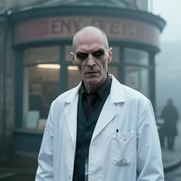 a realistic cinematic headshot portrait of an evil scientist, stood outside a corner shop, foggy, detailed, depth of field, movie still, dramatic lighting, by krenz cushart