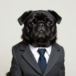 a portrait of black pugalier dog wearing suit and tie, by francis bacon