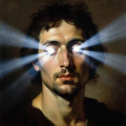 painting portrait of a man with bright light beams emanating from his eyes, matte painting, masterpiece, by Caravaggio
