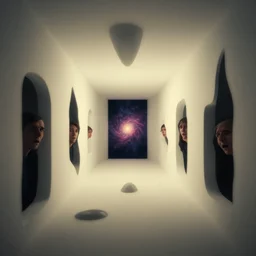 noisy color photograph of a liminal space in the style of MC Escher, floating liquid, stretching to walls, supernova inside facility, scared faces emerging from darkness, hallways, abstract 3d render, minimalist, oddly familiar, cinematic, dramatic lighting, soft vintage glow