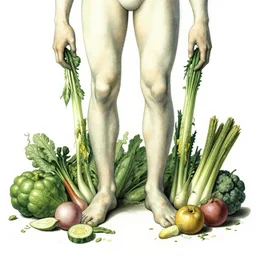 a person with vegetables for limbs in the style of Codex Seraphinianus