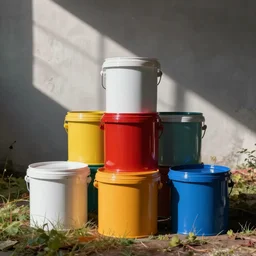 colorful paint buckets in the style of simon stalenhag