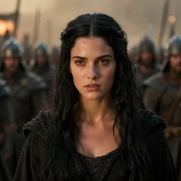 epic photo of young demi moore as beautiful medieval sorceress with very long black hair, battle scene with a thousand warriors behind her in the background, sweaty, detailed eyes, neutral expression, shallow depth of field, photorealistic, cinematic lighting, lovely bokeh, warm colours, dusk, movie quality, braveheart 1 9 8 5, movie still, cinemascope