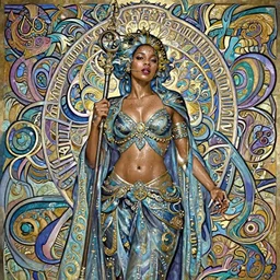 rapper doja cat as a sorceress, passionate, seductive, sweaty, intricate dressed in ornate blue robes and staff, lovely, intricate, highly detailed, digital painting, artstation, concept art, smooth, sharp focus, illustration, unreal engine 5, 8 k, art by artgerm and greg rutkowski and alphonse mucha