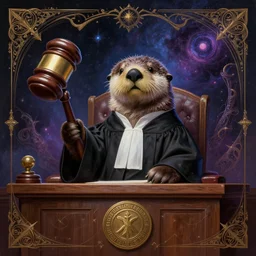 a sea otter that is a judge!!, dressed in judge's robes!!, seated in court, holding a huge gavel, cosmic horror painting, elegant intricate digital painting artstation concept art by mark brooks and brad kunkle detailed