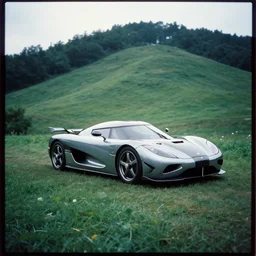 a lomographic photo of old koenigsegg 1 9 0 7 standing in a lush hill, cinestill, bokeh