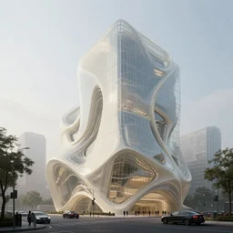 breathtaking street view of a futuristic building made of glass and ivory, detailed parametric architecture, by vincent callebaut and zaha hadid and federico pelat, concept art, solarpunk, misty, volumetric lighting, cinematic, 8 k