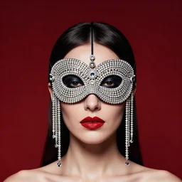 an 8 0 s portrait of a woman with dark eye - shadow and red lips with dark slicked back hair, a mask of beads and diamonds hanging from a thin black crown, dreaming acid - fueled hallucinations by serge lutens, rolf armstrong, delphin enjolras, peter elson, red cloth background