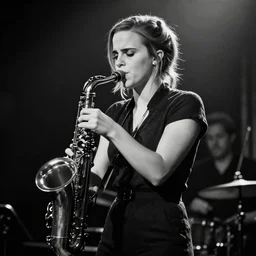 A photo of Emma Watson performing at a jazz club, black and white, 4K concept art