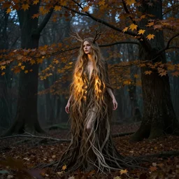 portrait of a dryad in a forest of fey autumn maples by greg rutkowski and brian froud dark mysterious, filtered evening light