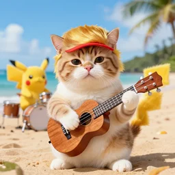 a cat with donald trump hair style of playing ukulele on hawii beach, fluffy pikachu playing drum set, travel photography