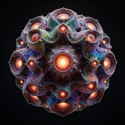 a multicolor fractal mandelbulb being with multiple glowing eyes by alex gray and android jones, concept art, sharp angles, robot, octane render, 8 k, unreal engine