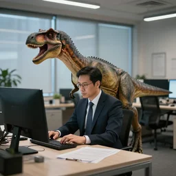 dinosaur in a suit working late at the office