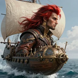male airship pirate, steampunk airship flying above the sea, D&D, handsome, side profile, fantasy, intricate, long hair, leather coat, gold earring, red hair, elegant, highly detailed, digital painting, artstation, concept art, smooth, sharp focus, illustration, art by artgerm and greg rutkowski and alphonse mucha