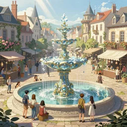 detailed illustration of a town square, large ornate victorian crystal water fountain, ecopunk aesthetic, busy, bustling, customers and merchant stands, god rays, bloom, by bouguereau, by ruan jia, by conrad roset, by yoshitaka amano, cgsociety, artstation.