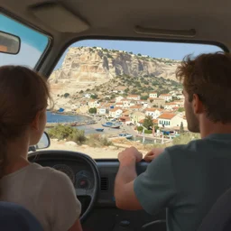 looking out a car dash window to see mediterranean phoenician fishing village, over a chalk cliff, highly detailed, digital painting, artstation, concept art, sharp focus, illustration, art by artgerm and greg rutkowski and raphael lacoste and magali villeneuve