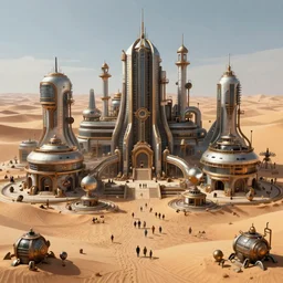 An advanced high tech Sci fi bustling steampunk city with built in a sand desert, digital painting, artstation, matte painting, highly detailed, intricate, concept art, game art, octane render, 8k, unreal engine