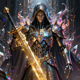Ultra realist intricate dark iridescent detailed painting of a powerful hooded divine royal being wearing body armor and brandishing a futuristic golden sword of iridescent flames, human face, biomechanical complex torso covered in iridescent 3D processor microchips, 3D render, 4K, symmetry, rich style, glowing iridescent sparks and smoke behind, crystallic cyberpunk megastructure background, artstation, colorful, badass, dark ominous stealth, colorful lens flares, unreal render, depth of field