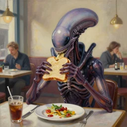 a concept art of a xenomorph in a cafe eating a sandwich, oil painting, art by cushart krentz and greg rutkowski, elegant, front view, sharp focus, morandi color scheme, fantasy style, illustration, high quality, digital art, hyperrealism, octane render, commission art