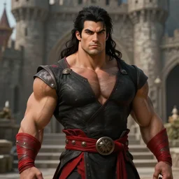 hispanic gigachad hero in ancient castle, wearing black and red clothes, herculean bulging muscular figure, beautiful gigachad, soft lighting, highly detailed face!!, sharp focus, artstation, by gaston bussiere, augustus edwin john and john singer sargent