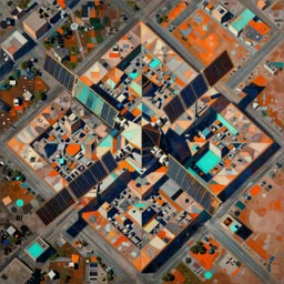 a painting of satellite view of a square city with geometric shapes by ramon chirinos, abstract geometric, glitches, ocher and turquoise colors