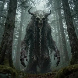 creepy eldritch monster in a swedish forest, very low angle photograph, very detailed, trending on artstation, realistic, soft colors, simon stålenhag, lovecraft, horror