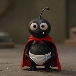 film still of nibbler, a small black alien with a single antennae on his head, large eyes and 2 fangs wearing a diaper and red cape in the new scifi movie, 4 k