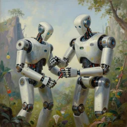 natural landscape | robot repairing another robot, painting by syd mead, highly detailed, rule of third, soft lighting, 8 k resolution, oil on canvas, architectural magazine, beautiful detailed, insanely intricate details, artstation trending, hypermaximalistic, high details, cinematic