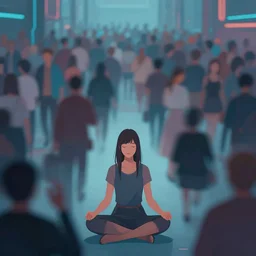 a large crowd, blurred, in it in focus a girl, meditating, cyberpunk, by moebius,