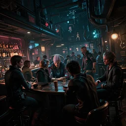 low wide tilted angle perspective photo of a cerebral hack in a crowded bar at midnight, cyberpunk, 3 d render, by wayne barlowe, by beeple, by artgerm, beksinski, rutkowski, peter gric, photorealistic, cinematic dramatic lighting, ominous electric atmosphere, album cover art, blade runner 2 0 4 9, masterpiece