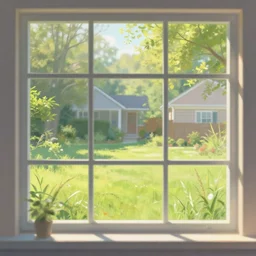 placid pleasant still illustration of impressionist backyard view out the big scenic gridded suburban window, ideal grasses, trending on pixiv, easy morning rays, pleasing palette, soft and pleasant and nice like cupcake icing, beautiful
