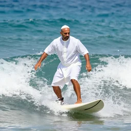 photo of a high skilled wave surfing catholic priest with white clothes on the red sea. high detail unreal engine