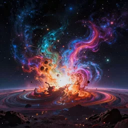 a collision of different dimensions at the horizon, cosmic, celestial aesthetics, colorful, vivid, dramatic lighting, cinematic, ultra realism, dark fantasy mixed with cosmic horror, 8k