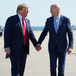 candid photo of Donald Trump and Joe Biden secretly holding hands on the boardwalk