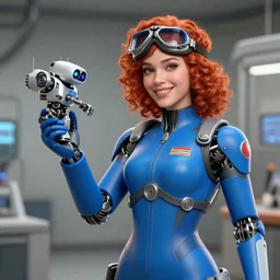 american department, a female scientist in her thirties, blue rubber aerospace tights, wearing pilot goggles, technical style, mechanical style, bright smile, red curly hair, blue gloves, holding a small robot in her hand, cinematic photorealism, surrealism, virtual engine 5, detail textures, realistic shading composition, blender rendering