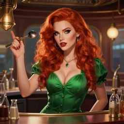 epic professional digital art of stunningly gorgeous canadian female starship bartender redhead, green top, by leech hannigan, iris van herpen, artstation, cgsociety, wlop, epic, much wow, much detail, gorgeous, detailed, masterpiece