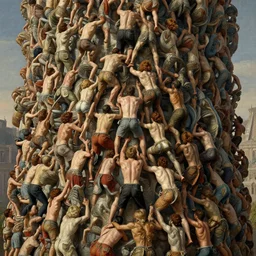 hundreds of humans climbing on each other creating incredible surrealistic structures, highly detailed, digital painting, matte, sharp focus, art by wlop, greg rutkowski, alphonse mucha, frank frzetta, boris vallejo, bouguereau, beksinski, cinematic, octane render