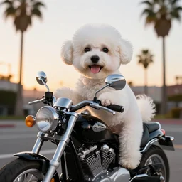 a photorealistic image of a smiling white bichon frise puppy dog riding a black motorcycle in Hollywood at sundown. Palm trees in the background. Paws on handlebars. This 4K HD image is Trending on Artstation, featured on Behance, well-rendered, extra crisp, features intricate detail and the style of Unreal Engine.