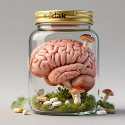 awesome logo on jar of a brain with mushroom with pills, lifelike, photo, 8 0 mm, kodak, advert, hyperrealism, photography, sharp focus, lush detail, award winning,