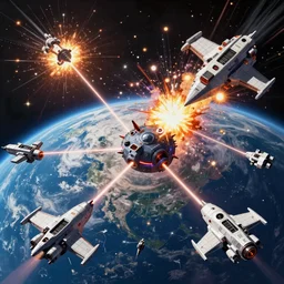 Movie scene of a huge space battle near Earth, with explosions and lasers shooting, detailed spacecraft, hyperdetailed, isometric 3D, isometric view, artstation, cgsociety, 8k